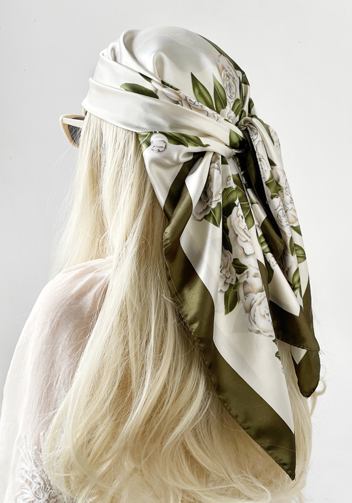BLOOMING SERENITY — Gardenia Border Satin Scarf