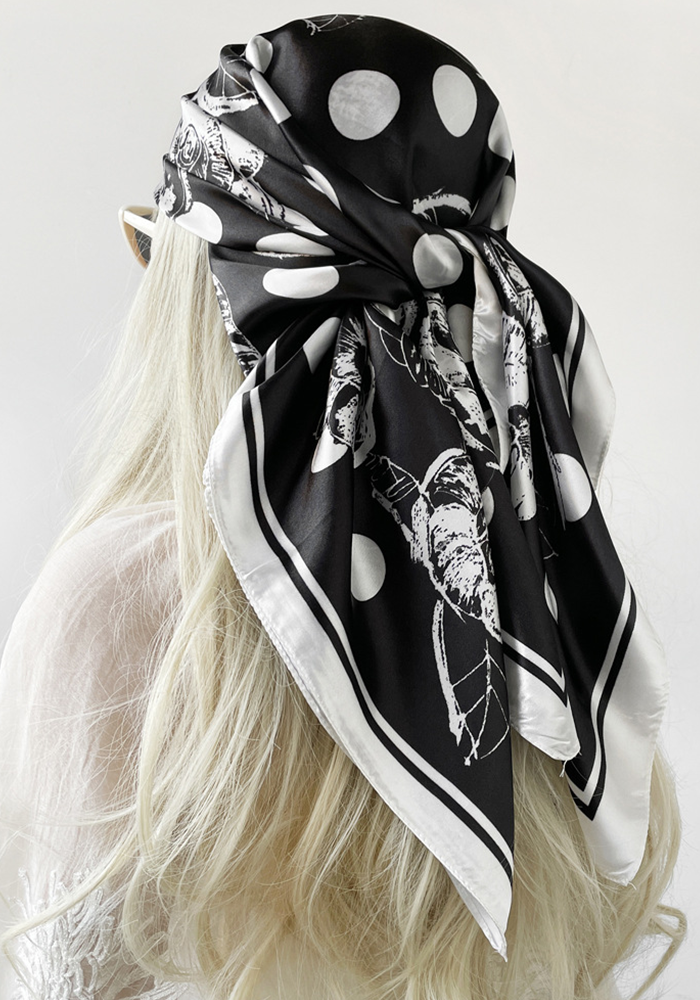 NOIR BLOOM — Polka Dot Floral Satin Scarf