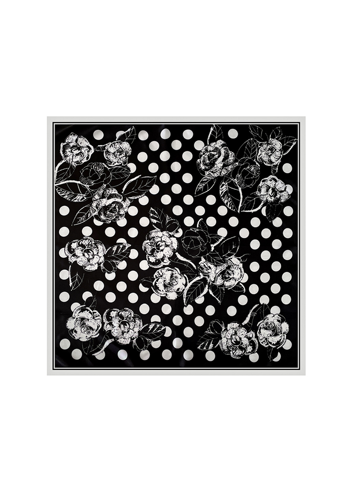 NOIR BLOOM — Polka Dot Floral Satin Scarf