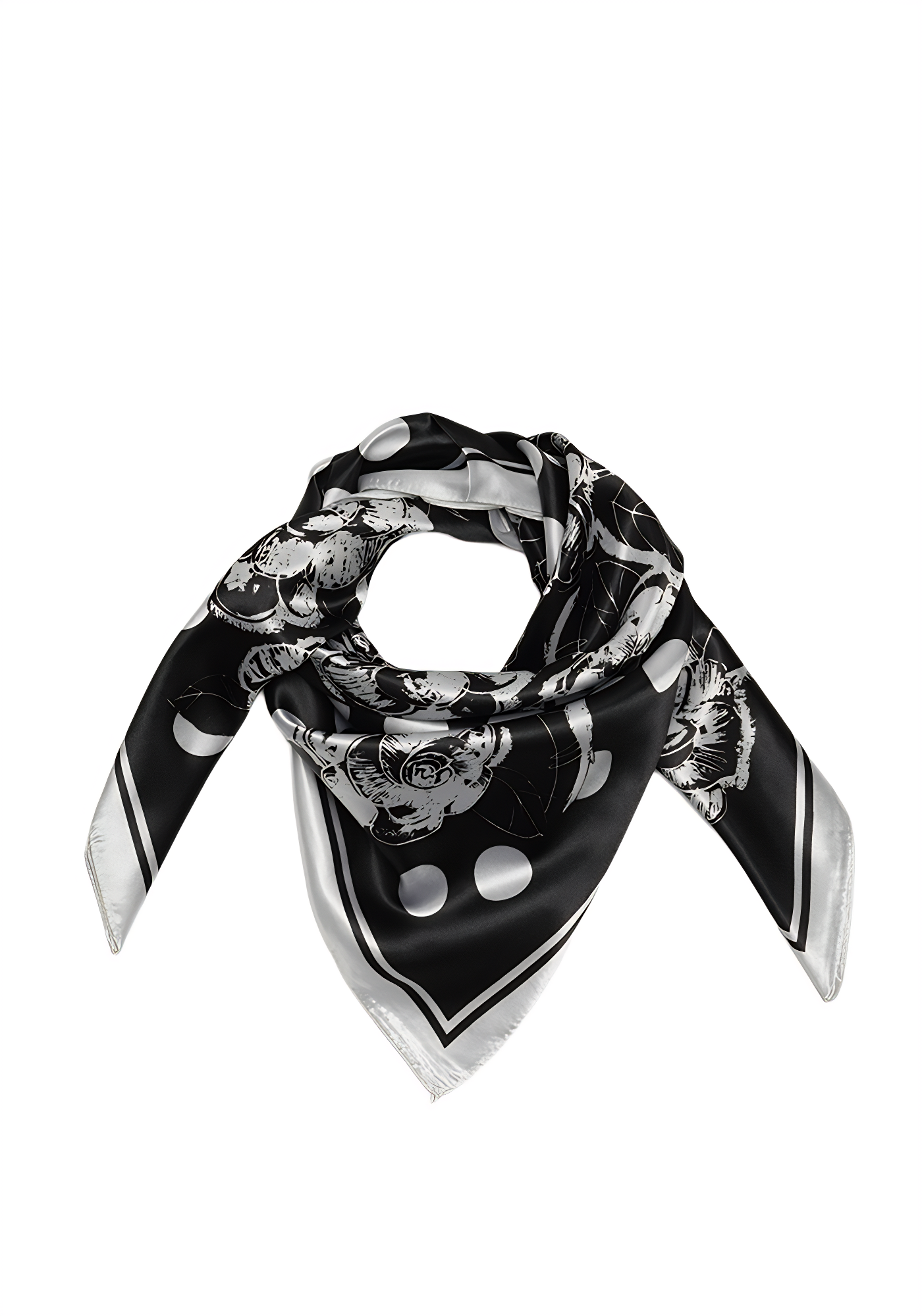 NOIR BLOOM — Polka Dot Floral Satin Scarf